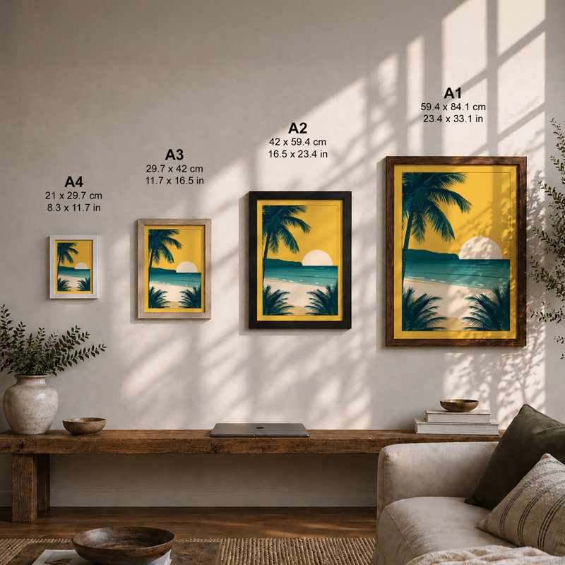 Tropical Sunset Minimalist - Framed Print, A2 - 59.4 x 42.0 cm, Walnut