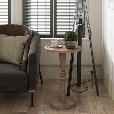 STKT Pedestal Small Drinking Table, Farmhouse Tray Top End Table, Distressed Natural Wood Colour