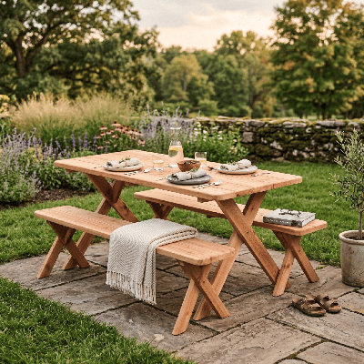  Table croisée en cèdre rouge 8 pi avec 4 bancs de 4 pi, teinture naturelle