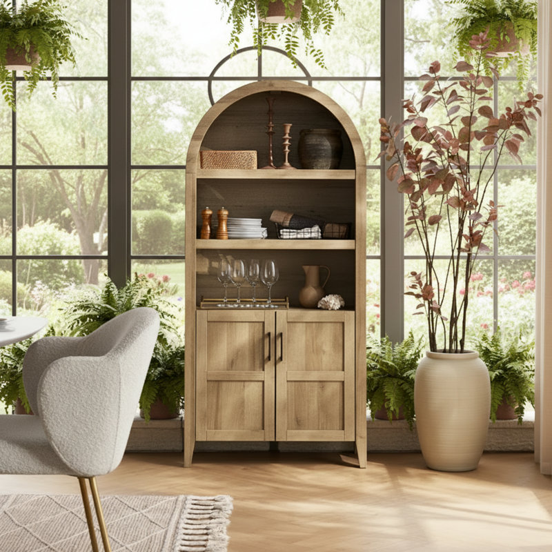 Bibliothèque de rangement en chêne à 5 niveaux, tablettes de 65,4 pouces avec portes, pour le rangement de la vaisselle dans le salon et la cuisine.
