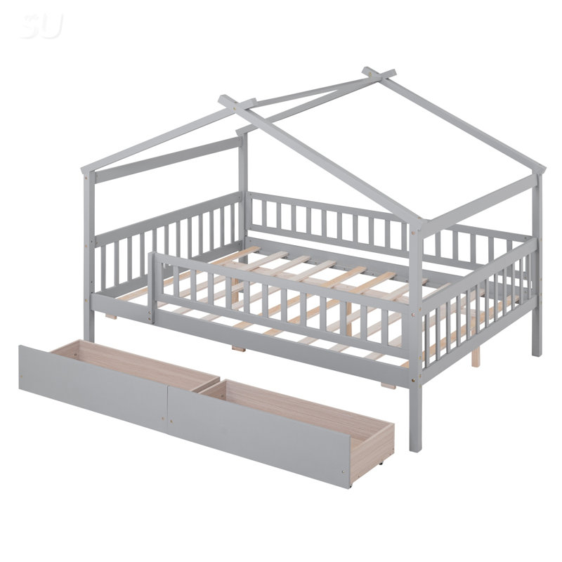 Lit double en bois avec deux tiroirs, Gris