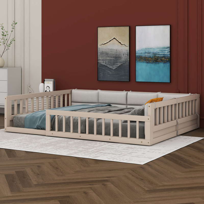 Lit plateforme tapissier pleine grandeur avec garde-corps et coussin Irmtraut, Beige