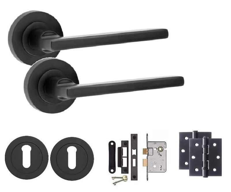  Leon Straight Design Door Handles on Round Rose in Stunning Matt Black Finish 3 Lever Mortise Lock and 1 Pair of Ball Bearing Hinges