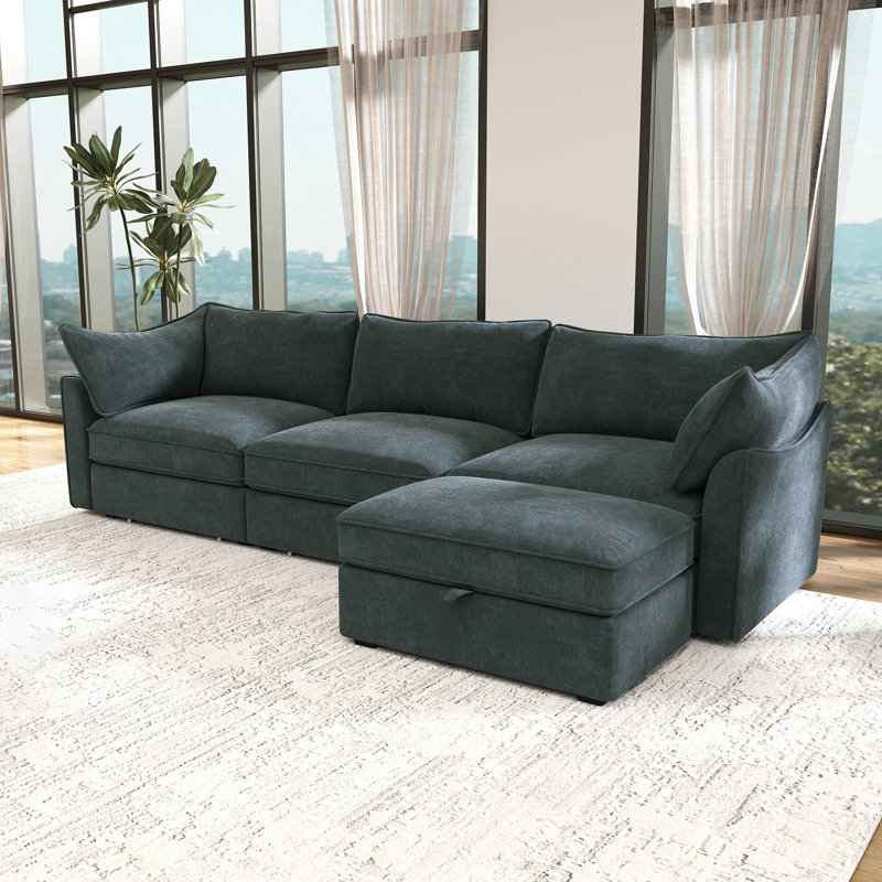 Canapé 3 places 112,6 "en chenille + tiroir de rangement + repose-pieds, Gris