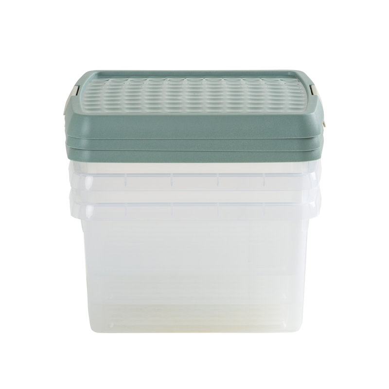 Wham Clip 9L Square Plastic Storage Boxes with Secure Clip Lock Lids. L:29 x W:29 x H:15.5cm Clear/Stone/Slate Grey, Green