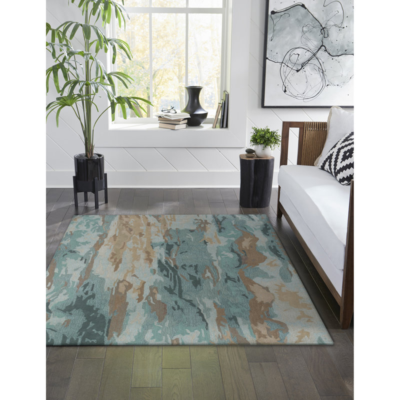 Tapis abstrait en laine touffeté à la main bleu sarcelle / brun, Rectangle 3 pi 6 po x 5 pi 6 po