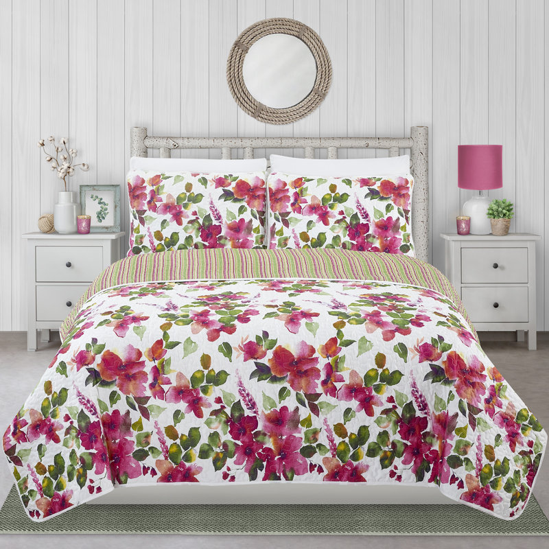 Ensemble de courtepointe en microfibre rose / vert / blanc , Courtepointe double / grand + 2 taies décoratives