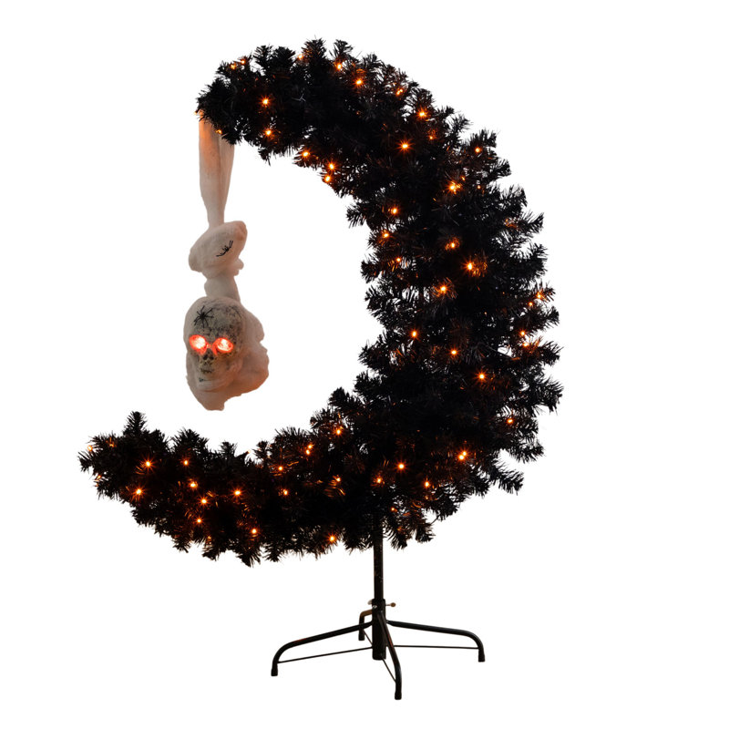 4 pi. Arbre artificiel pré-éclairé avec lune noire et crâne avec 250 lumières DEL orange et mauves
