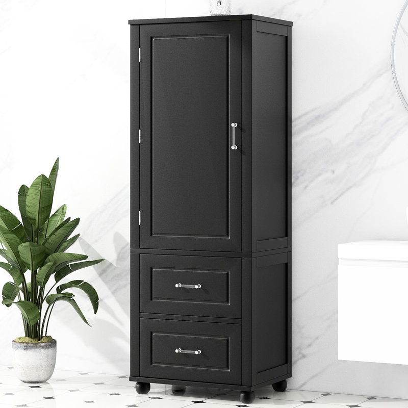 Freestanding Tall Bathroom Storage Unit In Black With Adjustable Shelf, Two Drawers, Water - Proof , And Toppling Feature Cabinet Easy To Clean