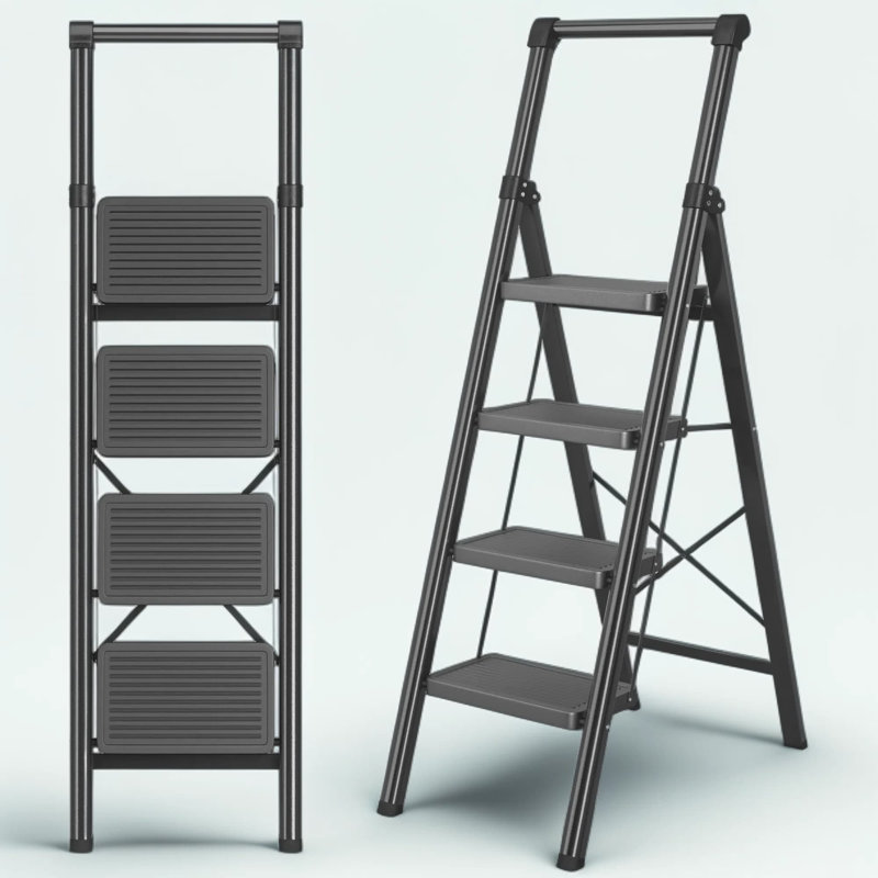 Escabeau pliant pour adultes, escabeau robuste en acier avec large pédale antidérapante et poignée, échelle portable peu encombrante pour la maison, la cuisine et le bureau, noir