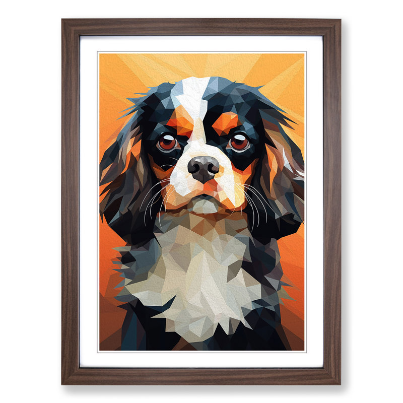 Cavalier King Charles Spaniel Geometric - Single Picture Frame Print on Wood, 64cm H x 46cm W x 2cm D, Walnut