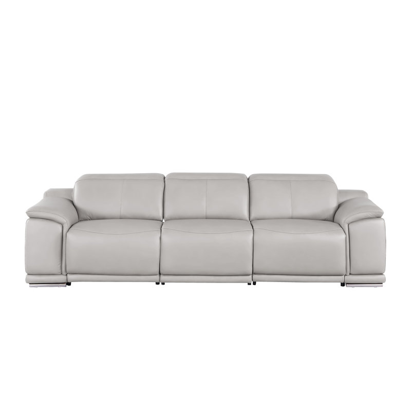 Genuine Leather Sofa With 3 Power Recliners, Light Gray