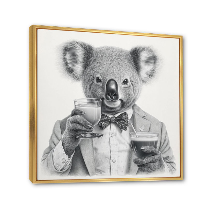 Koala ayant une boisson sur toile, Cadre flottant doré, H 24 po x l 24 po x P 1 po