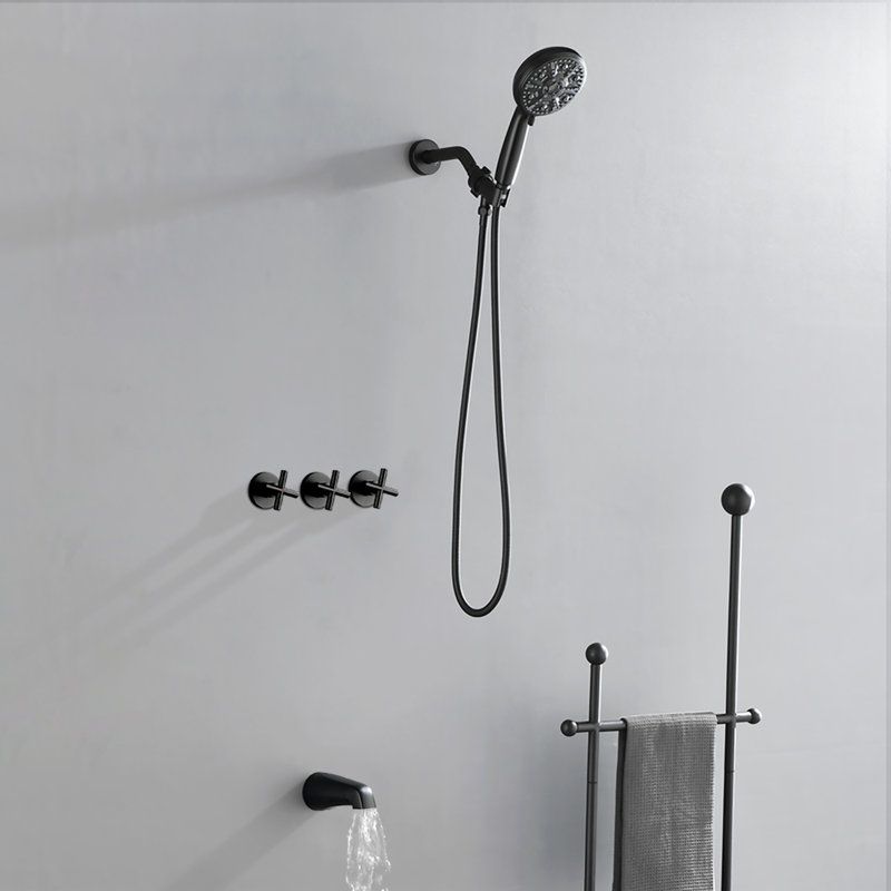 Ensemble de robinet de douche à 3 poignées avec douche à main 10 jets Ensemble de douche à main 4,7 pouces Système de douche mural avec douchette de baignoire Ensemble de garniture de baignoire et de douche