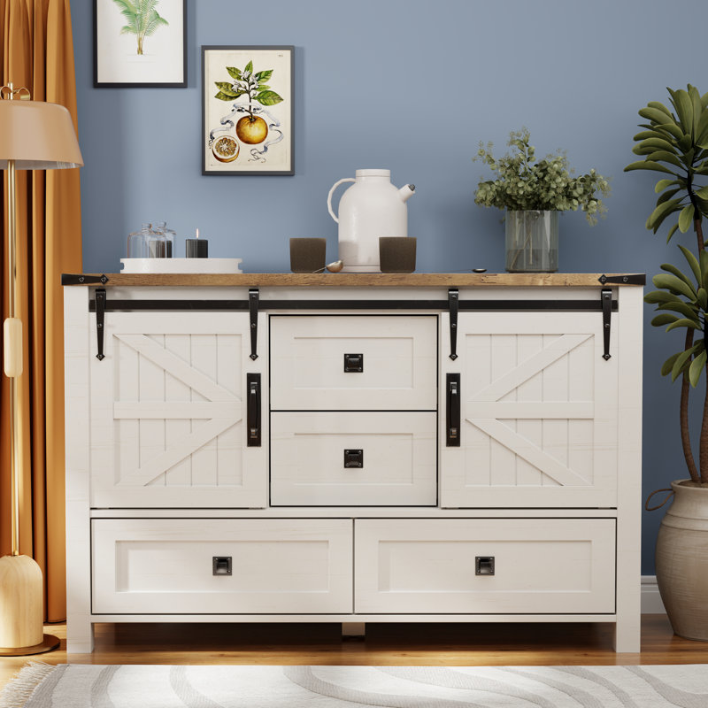 48'' Farmhouse Dresser Chests with 4 Drawers and 2 Cabinets, White