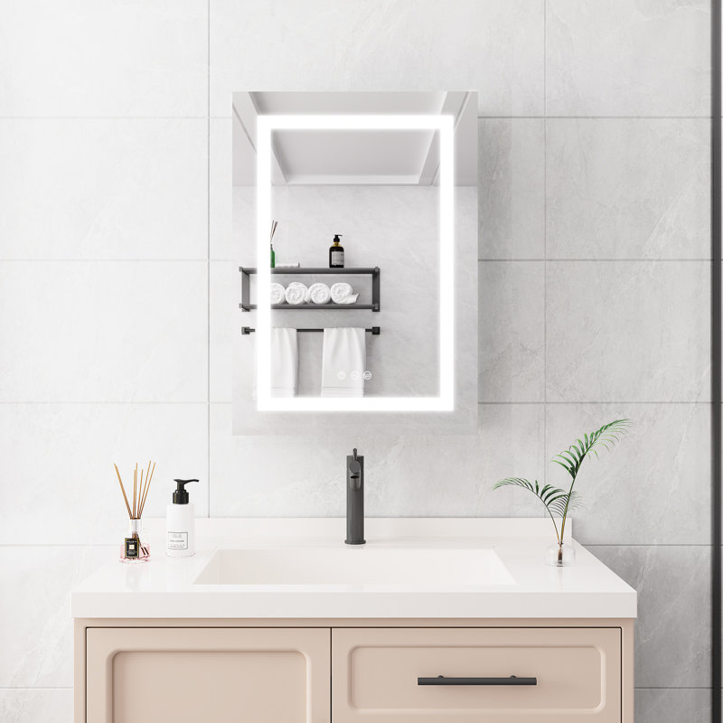 20 X 28 Inch Wall Mounted Mirror Cabinet For Bathroom - Led Lights. Fog, Waterproof, Dimmable, 3000k 6000k, Touch Switch, Shelves Lights, , 2