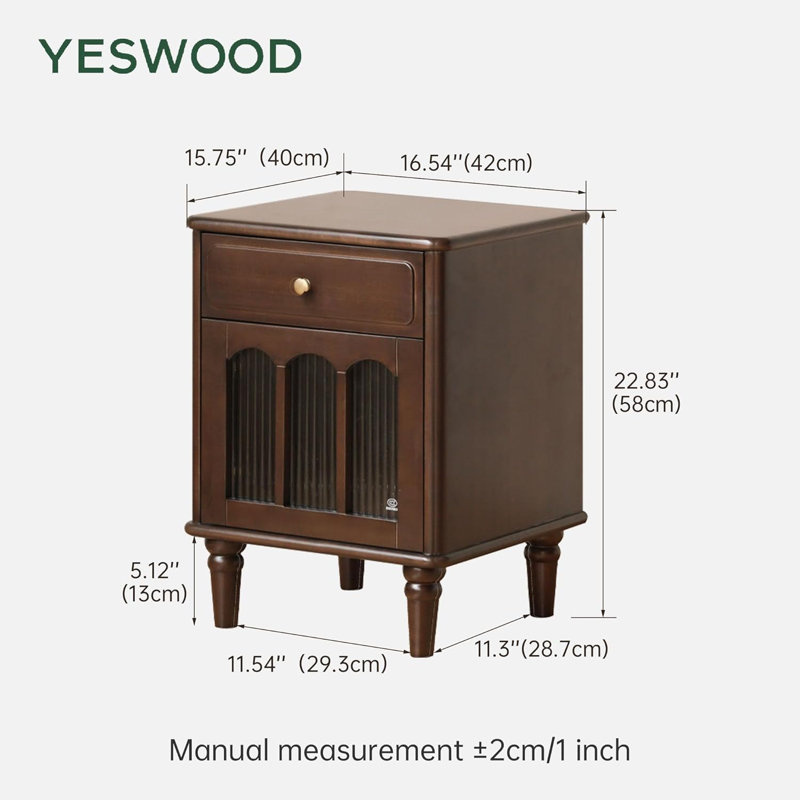 23"H Traditional Solid Wood Nightstand with Fluted Glass Door, Drawer-Right, Right Door, Poplar & Expresso