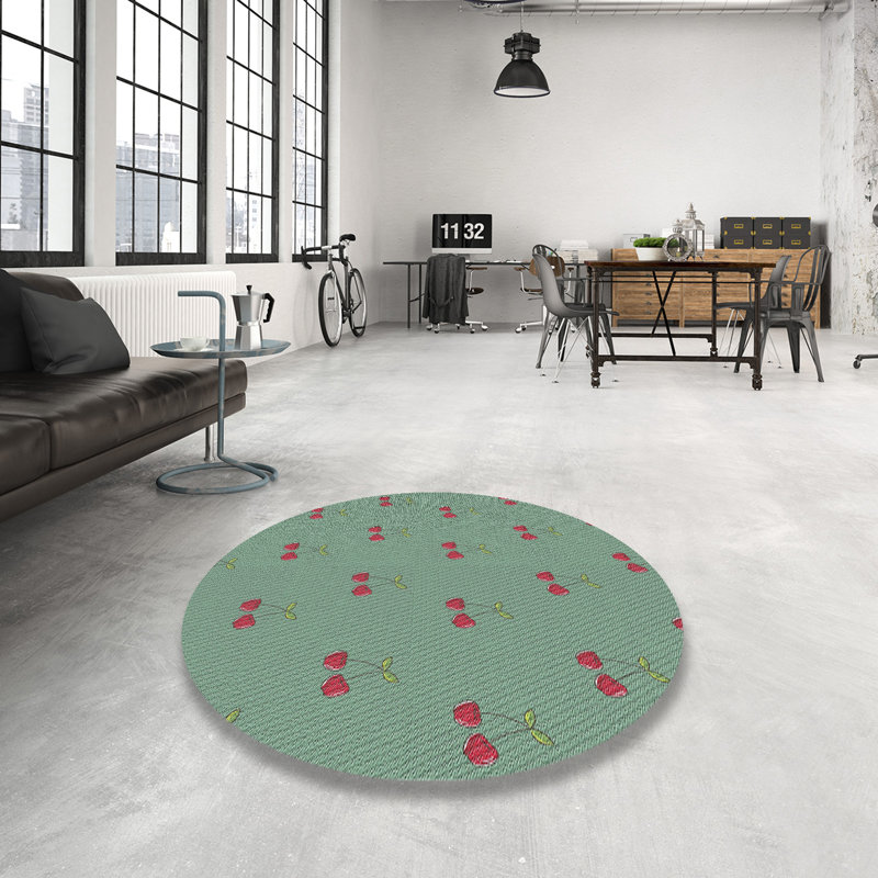 Tapis vert / rose à motifs, Rond 5 pi