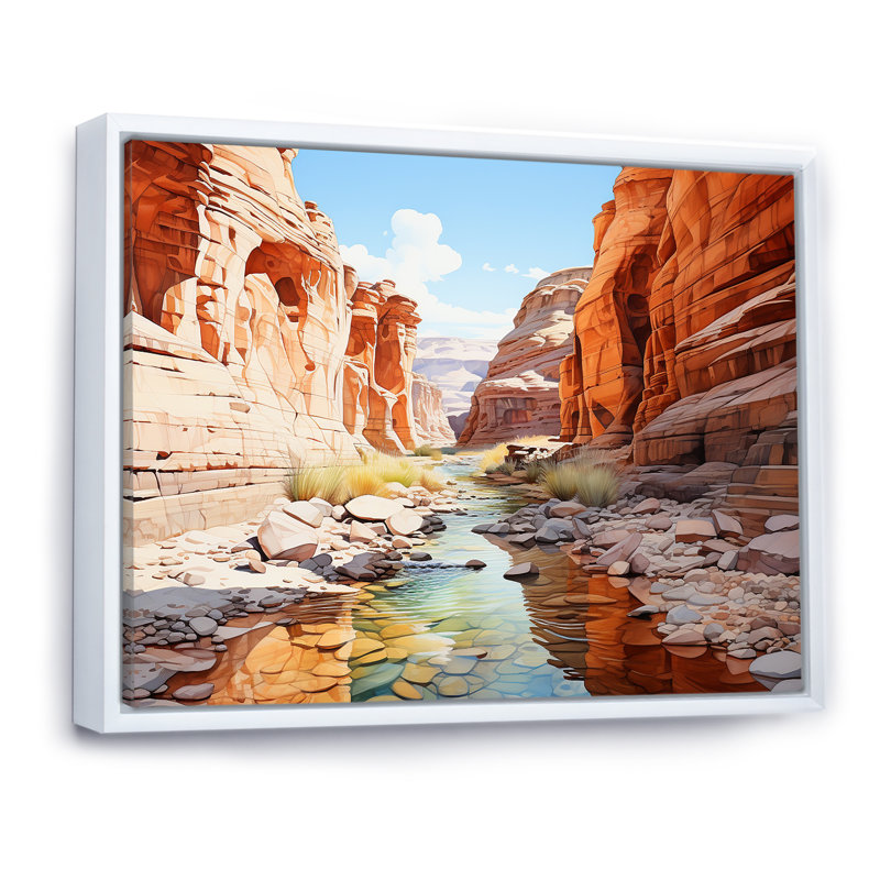 «River By The Canyon Landscape», reproduction sur toile, Cadre flottant blanc, 34" H x 44" W