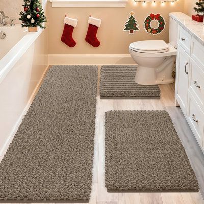 Upgrade Extra Large Dark Beige Bathroom Rug Set 3 Pieces Gray Ultra Soft, Thick Absorbent Bath Mats, Non Slip Chenille Toilet Mat Bathroom, Bedroom, Kitchen, Taupe