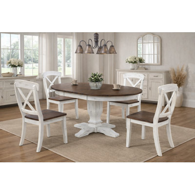 Iksha Transitional Round 5-Piece Extendable Solid Wood Dining Set in White & Brown