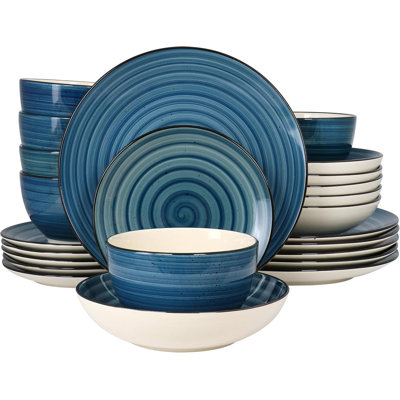 24-piece Stoneware Dinnerware Set, Hand-painted Round Plates & Bowls