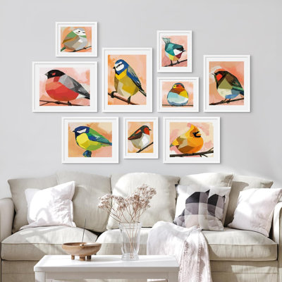 " Watercolor Geometric Birds Variety Nature Shapes " 9 - Pieces
