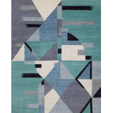 Nouvel Wool Geometric Area Rug in Sky Blue/Teal/Gray/Ivory
