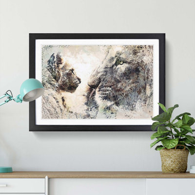 Lion Cub with Its Mother in Abstract - Picture Frame Painting Print