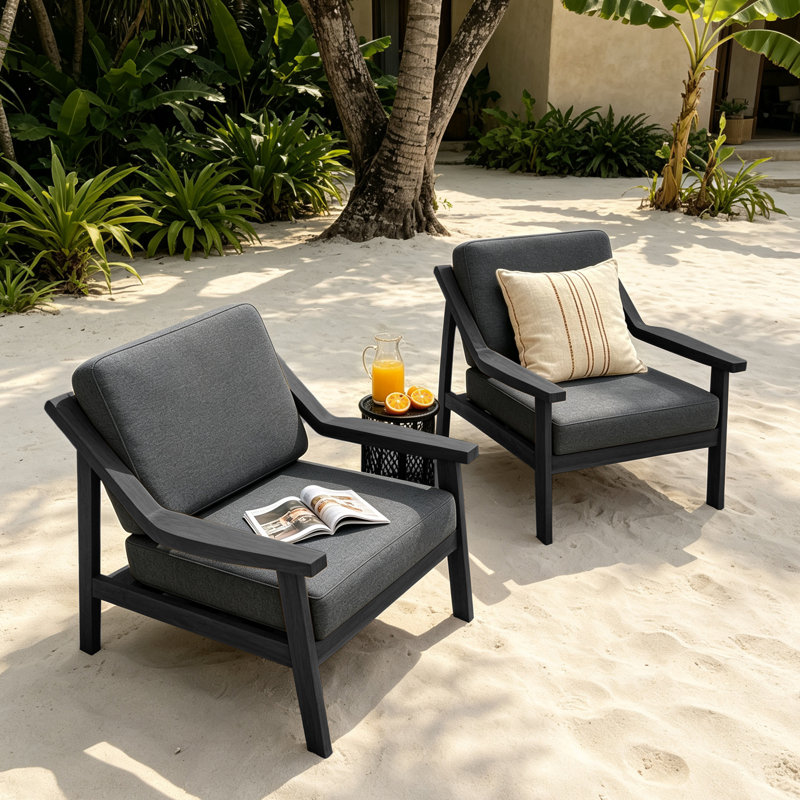 Chaises longues d'extérieur en bois de teck avec coussin et accoudoirs Marlo, Gris foncé, Noir