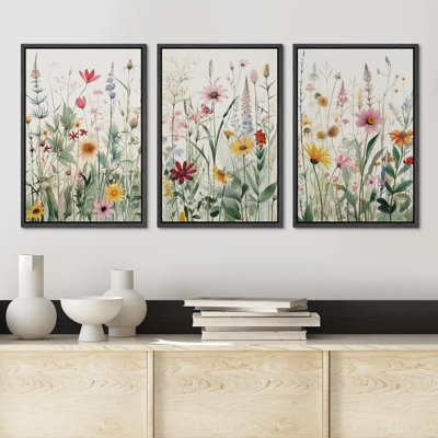 «Vibrant Wildflower Green Garden Floral Boho», reproduction d'art encadrée sur toile, 3 pièces