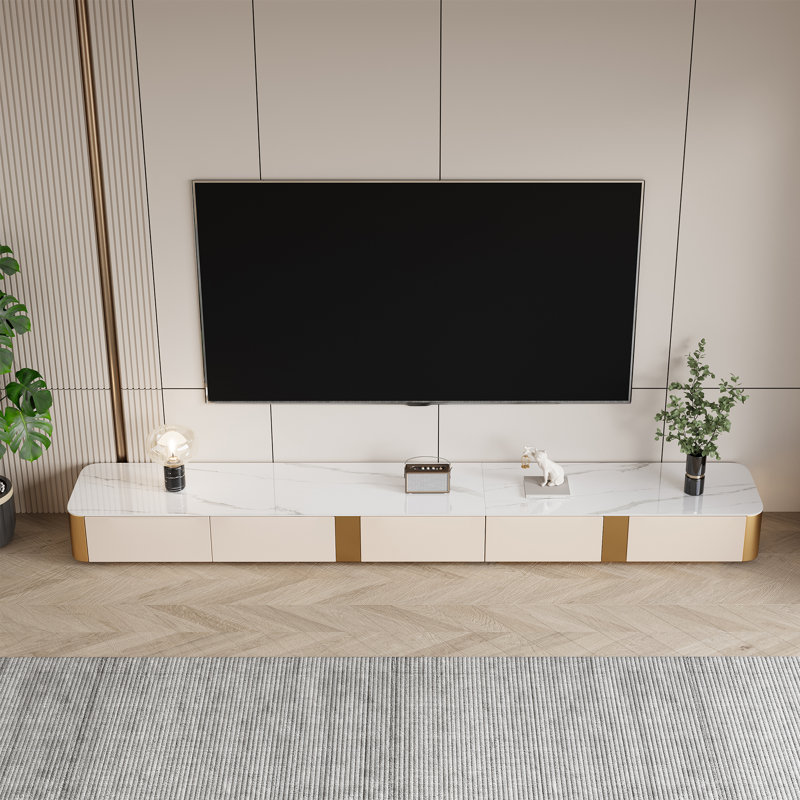  118'' White and Gold Faux Marble TV Stand with 5 Drawers for Living Room, Entertainment Center with Gold Base for Tvs up to 125 Inch