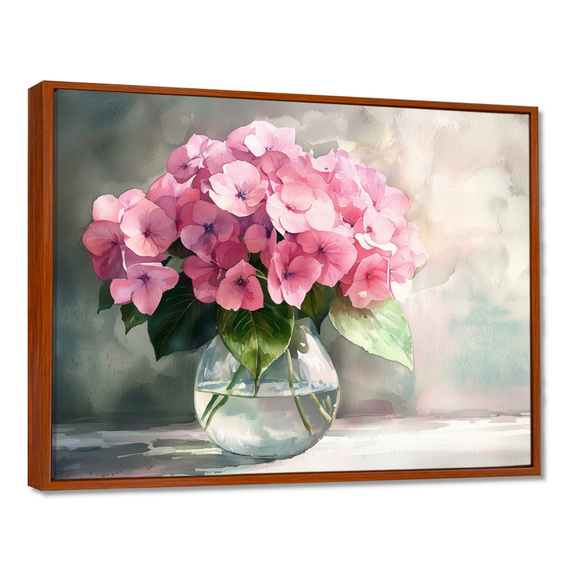 Hortensias dans un vase en verre III - hydrangées, décoration murale, H 30 po x l 40 po, Impression encadrée flottante, Brun