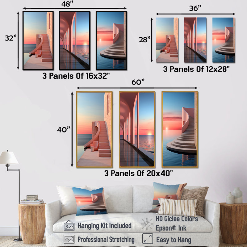 Sunset Coastal Architecture Serenity, Black Floater Framed, 32'' H x 48'' W