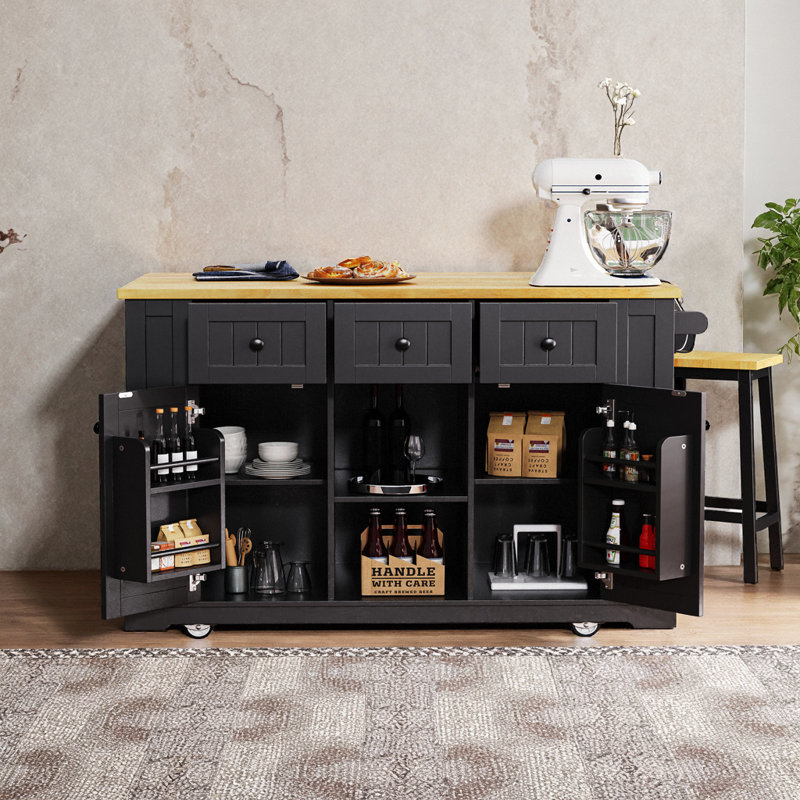 53" Large Kitchen Island with 2 Bar Stools - Power Outlet, Door Internal Storage Rack, Rolling Cart with Drop Leaf, 5 Open Side Racks, 3 Drawers
