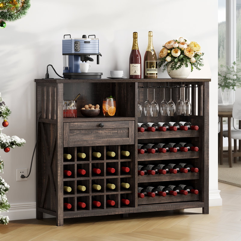 47" Wine Bar Cabinet with Glass Holder & Wine Rack, Coffee Bar with Charging Station and LED Light for Kitchen Dining Living Room