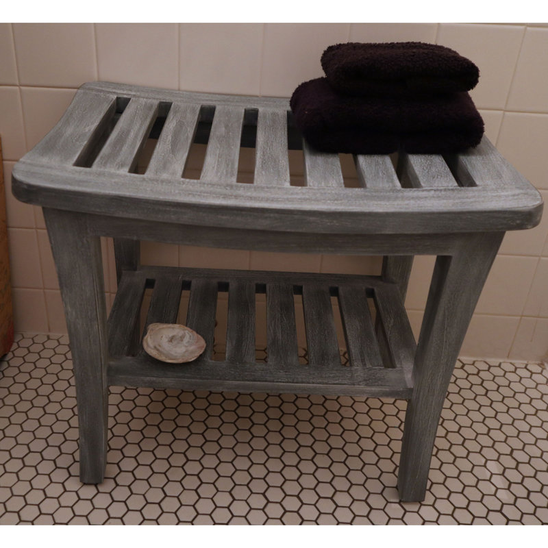 Elegant Weathered Gray Teak Wood Vanity Bench, 20"x13.5"