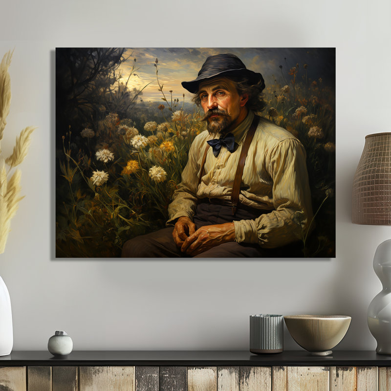 «Rustic Man with Hat In Flower Field», reproduction d'art murale, Métal métal, H 16 po x l 32 po x P 1 po