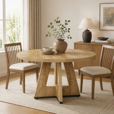 47″ Round Farmhouse Dining Table for 4, Wooden Kitchen Dinner Table with Metal Frame and MDF Top, Family Meals