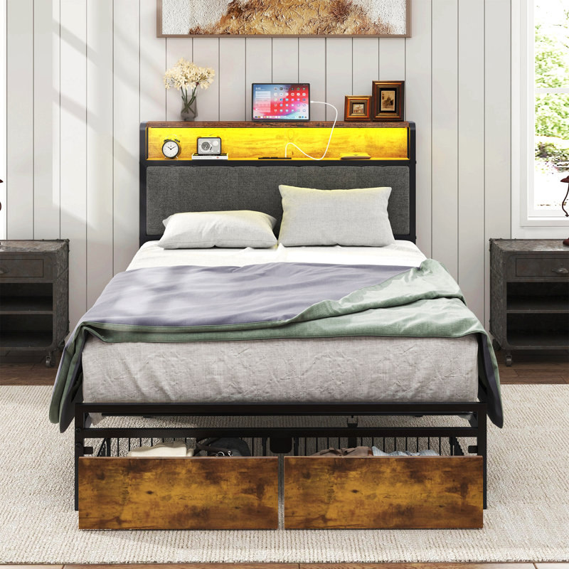 Metal Bed Frame with Headboard and Charging Station, Beds with Storage Drawers, Twin, Rustic Brown
