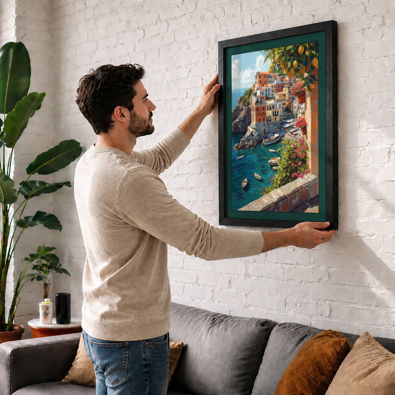 Mediterranean Village Coastal - Framed Print, Oak, A4 - 29.7 x 21.0 cm