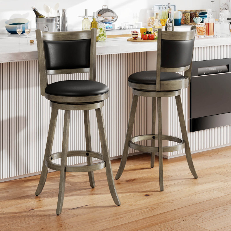 Ensemble de 2 tabourets de bar pivotants avec cadre en bois d'hévéa massif pour îlot de cuisine gris et noir, 2