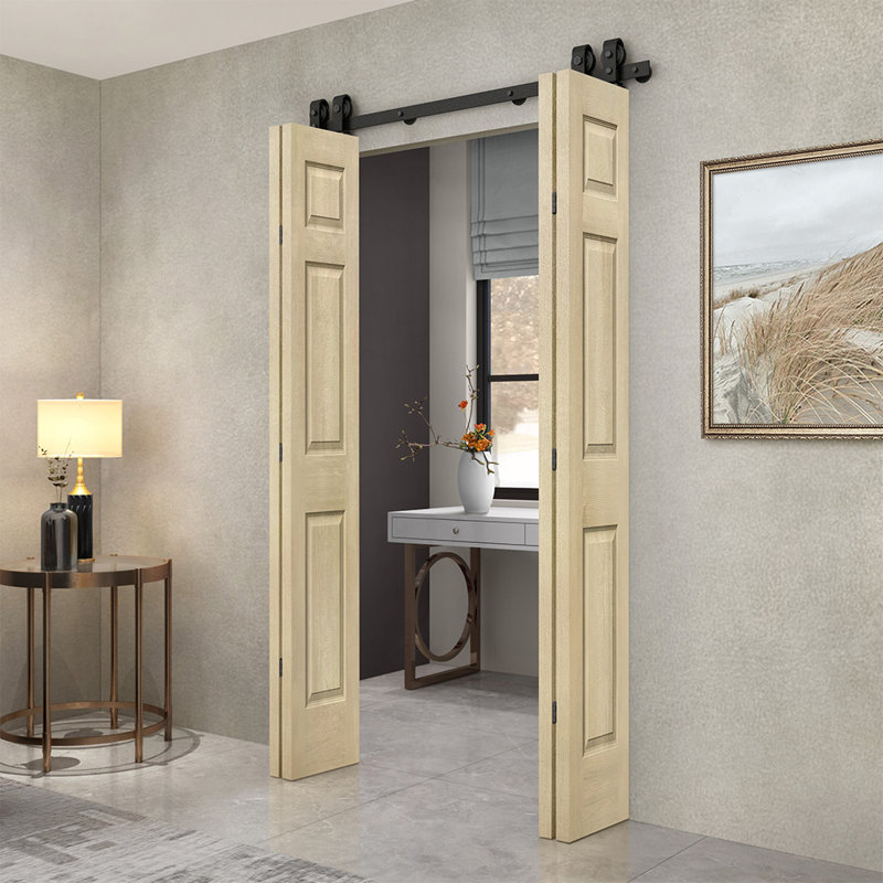 60 in. x 80 in. Vintage Cream Stained MDF Double Bi-Fold Barn Door with Black Hardware