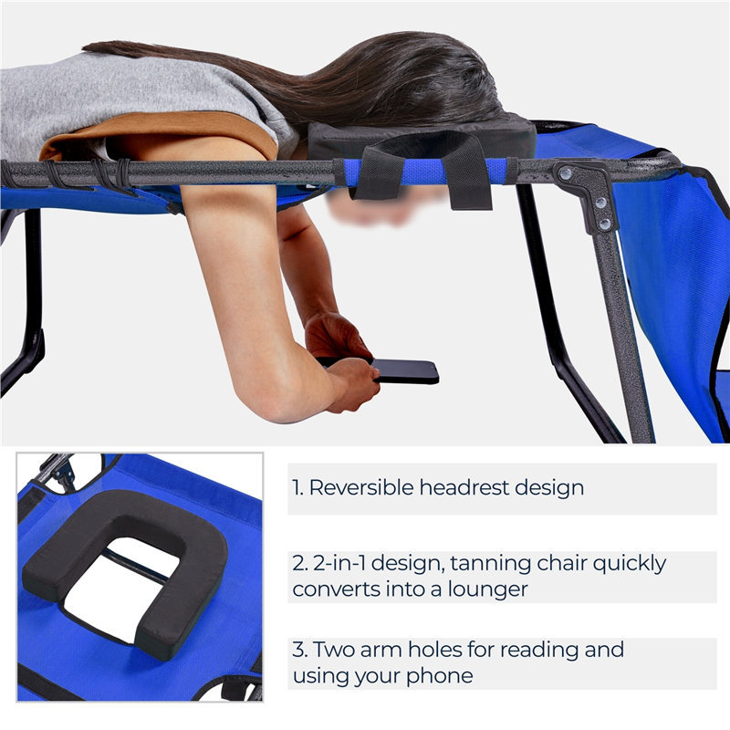 Outdoor Folding Tanning Chair Portable Beach Lounge Chair with Face Hole and Adjustable 5-Position, Blue