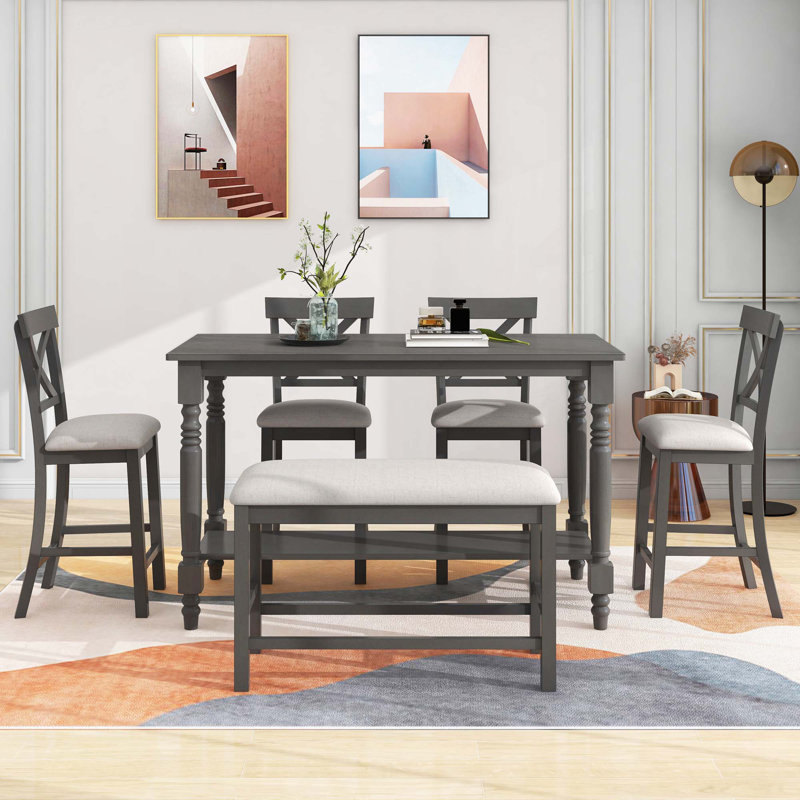 Ensemble de 6 tables de salle à manger à hauteur de comptoir avec 4 chaises et un banc, Gris