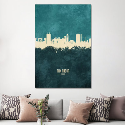 Ann Arbor Michigan Skyline Teal by Michael Tompsett - Wrapped Canvas Print