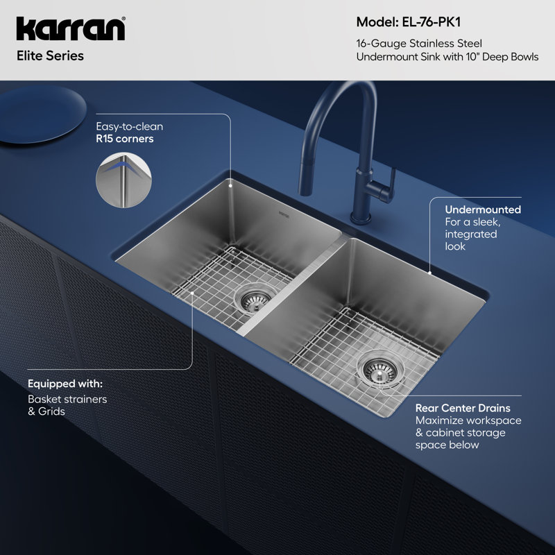 Karran Stainless Steel 32'' X 19'' Double Bowl 50/50 Undermount Kitchen Sink Kit