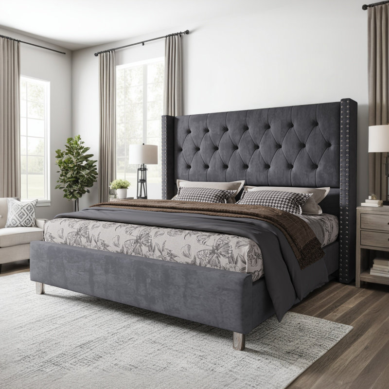 Duluth Upholstered Wingback Bed, Gray, King