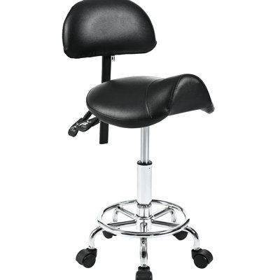 Saddle Stool With And Foot Rest Ring, Ergonomic Adjustable Rolling 360° Rotation, Suitable For Vanity Bar Areas - Black, Metal Pu Leather Materials Back Support 5 Pronged Base, Smooth Wheels, Ideal