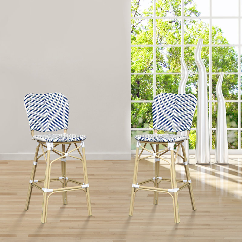 Chaise de bar d'extérieur en aluminium Anjanette, chaise, Bleu marine/blanc